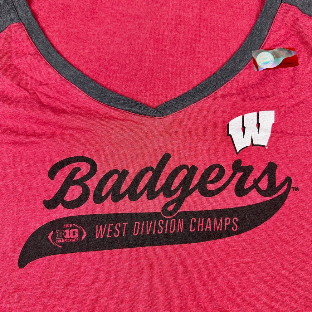Wisconsin Badgers T Shirt Womens Large Big Ten West Champs V Neck Gray